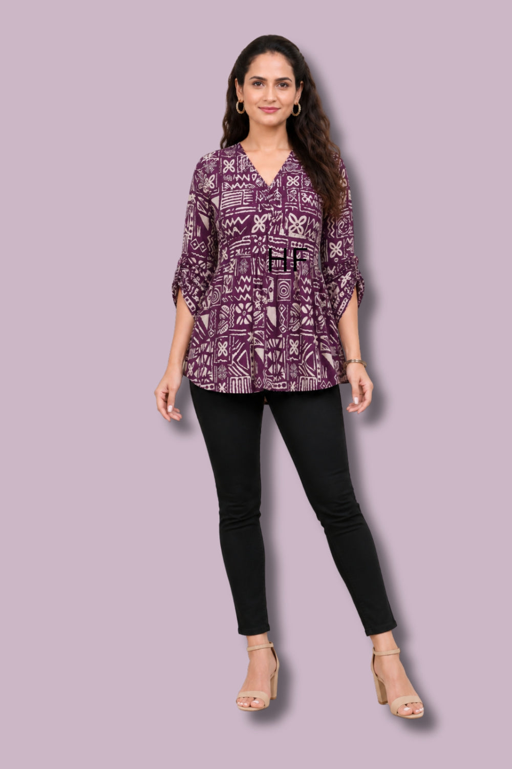 ZELZIS Purple Abstract Printed Cotton V-Neck Tunic Top with Ruffle Sleeves
