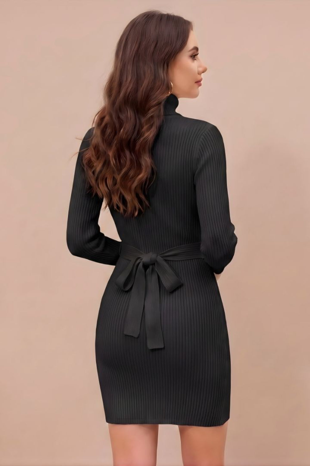 ZELZIS Women's Black Polyester Ribbed Bodycon Dress with Belt