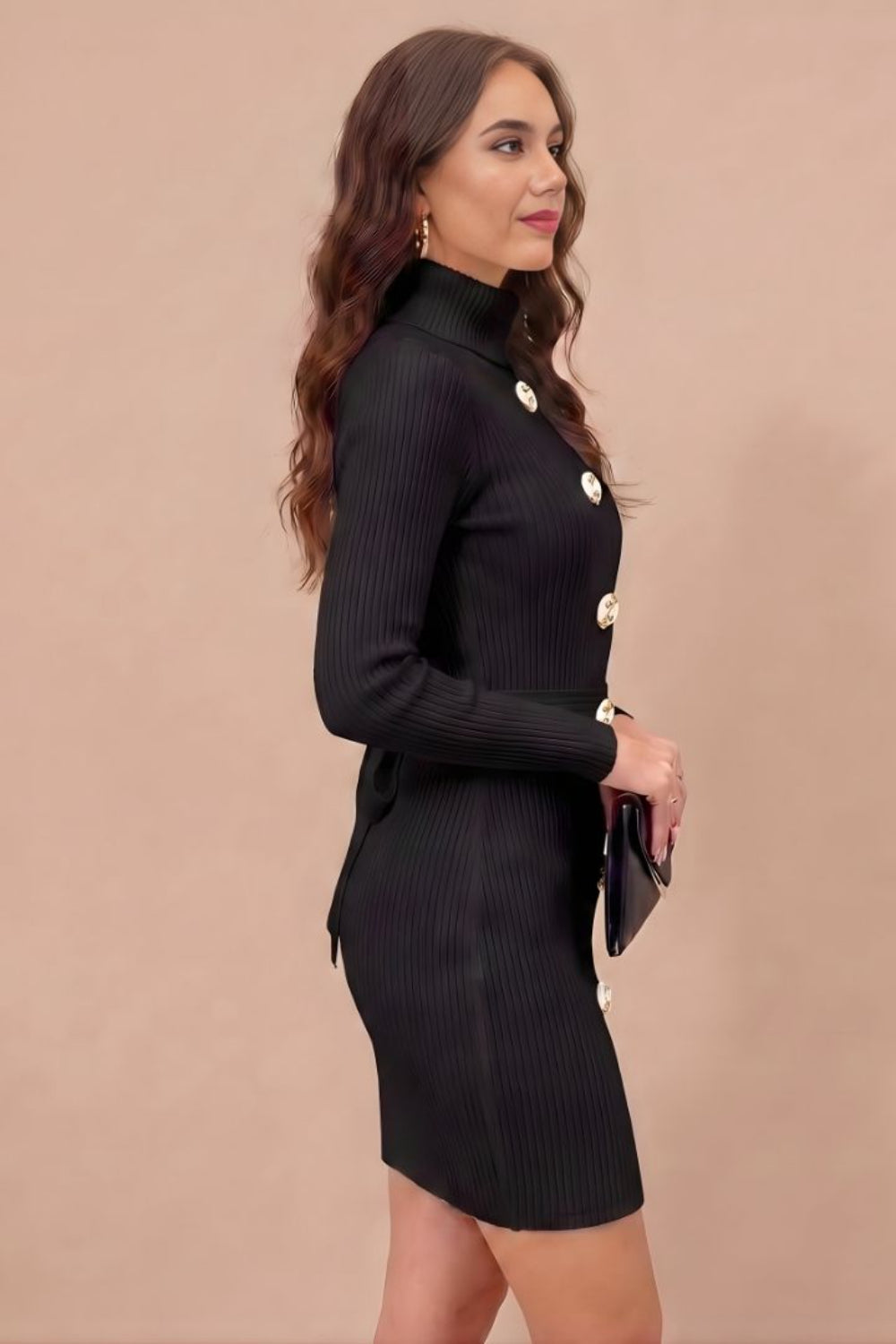 ZELZIS Women's Black Polyester Ribbed Bodycon Dress with Belt