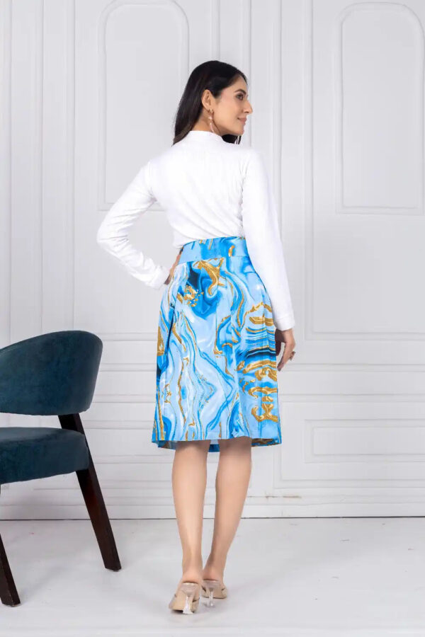 ZELZIS Women's Blue Marble Print Cotton Skirt with White Full-Sleeve Polyester Ribbed T-Shirt Set