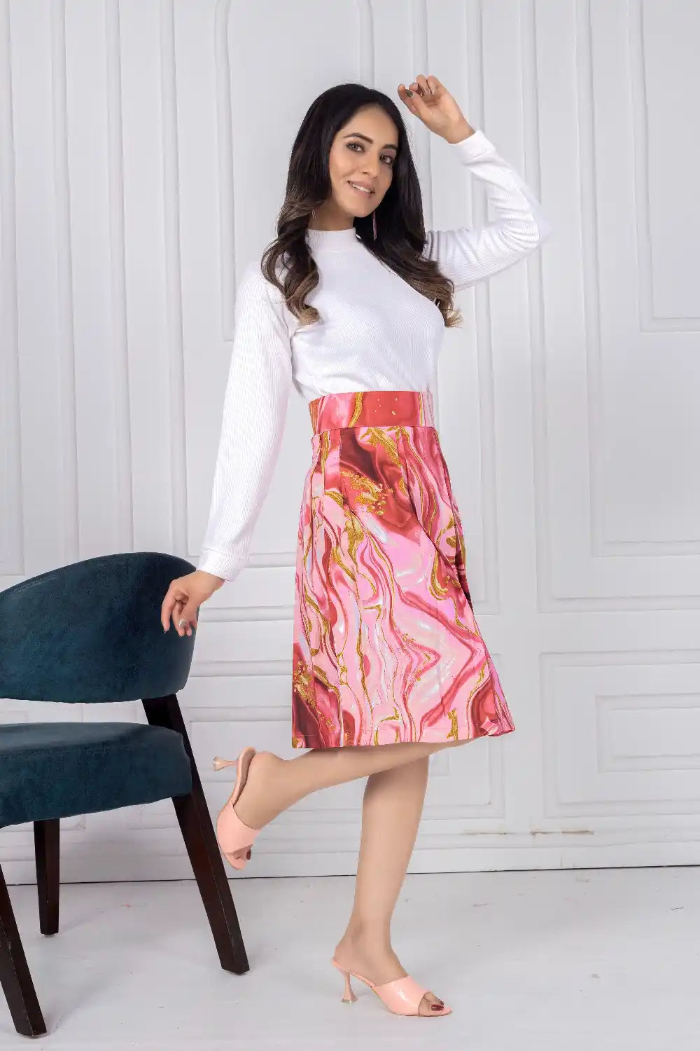 ZELZIS Women's Red Marble Print Cotton Skirt with White Full-Sleeve Polyester Ribbed T-Shirt Set