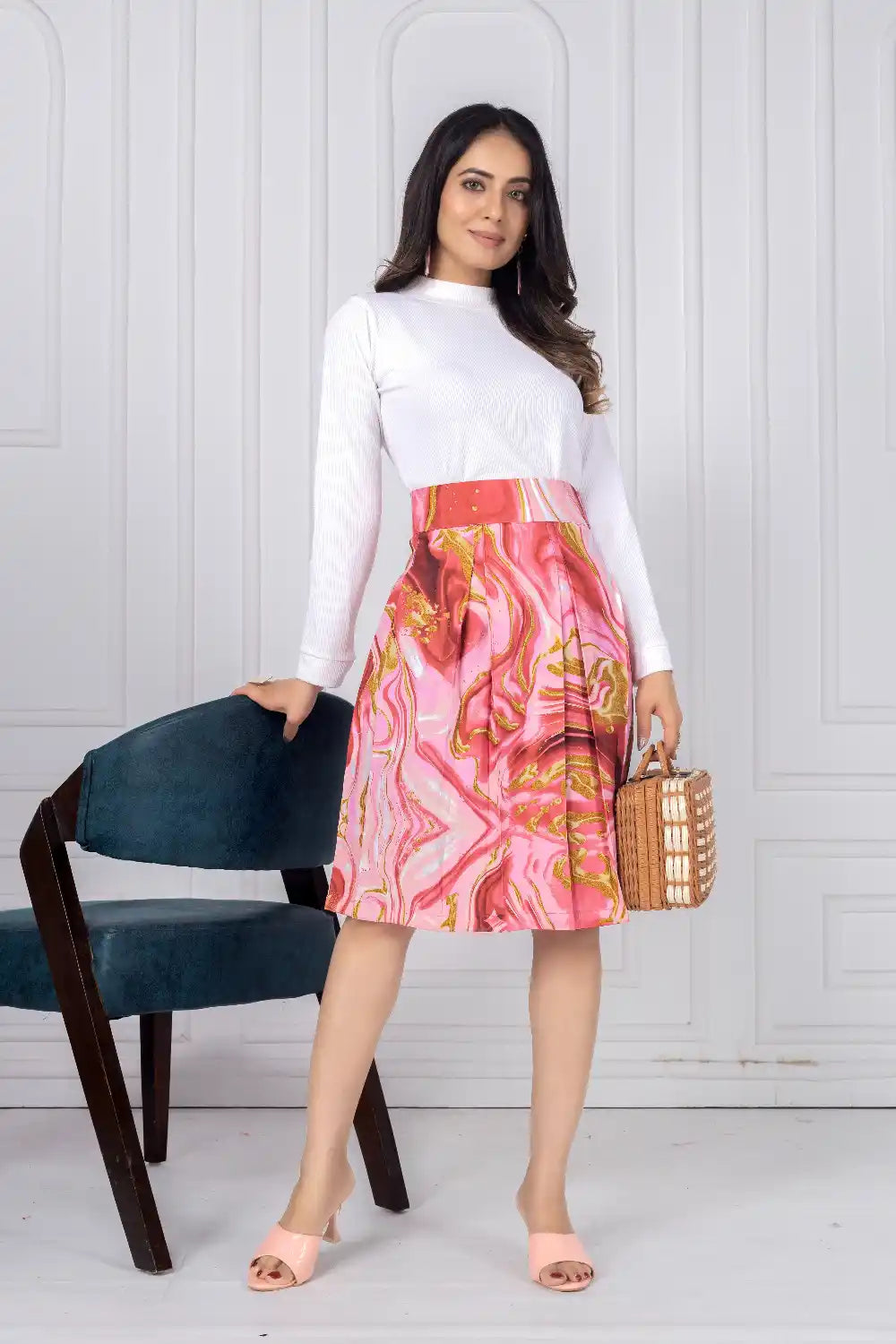 ZELZIS Women's Red Marble Print Cotton Skirt with White Full-Sleeve Polyester Ribbed T-Shirt Set
