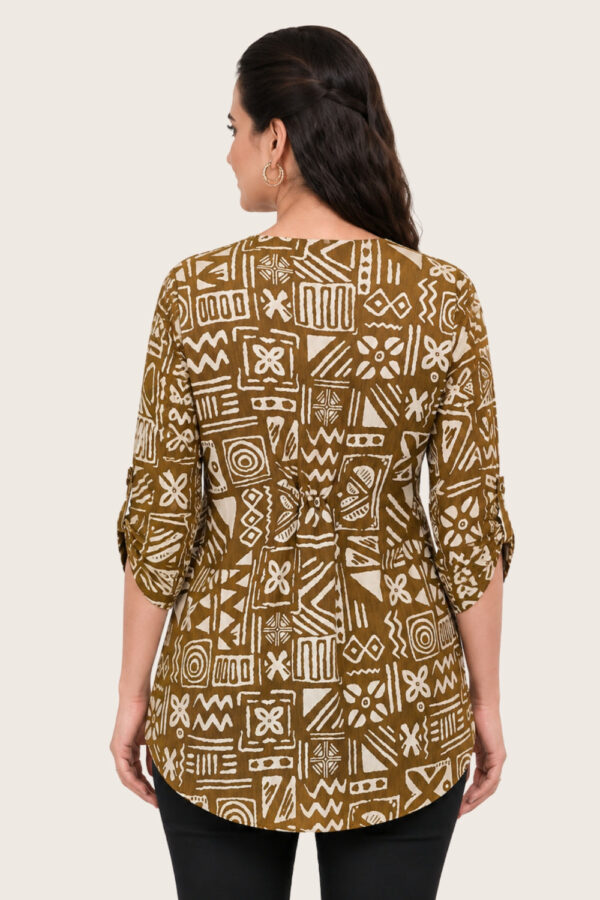 ZELZIS Yellow Abstract Printed Cotton V-Neck Tunic Top with Ruffle Sleeves