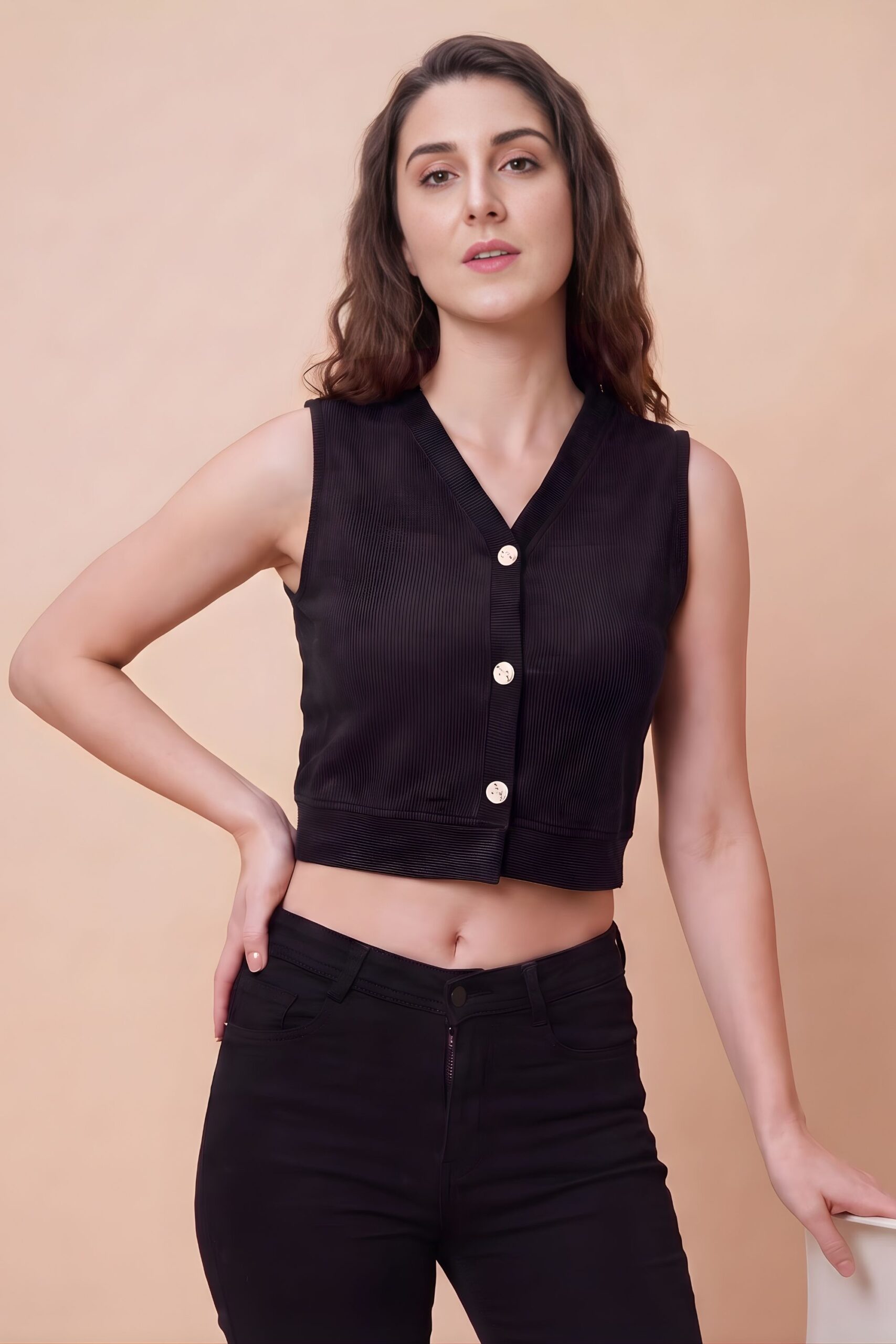 ZELZIS Women's Black Polyester Ribbed V-Neck Crop Top