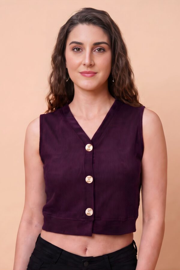ZELZIS Women's Purple Polyester Ribbed V-Neck Crop Top