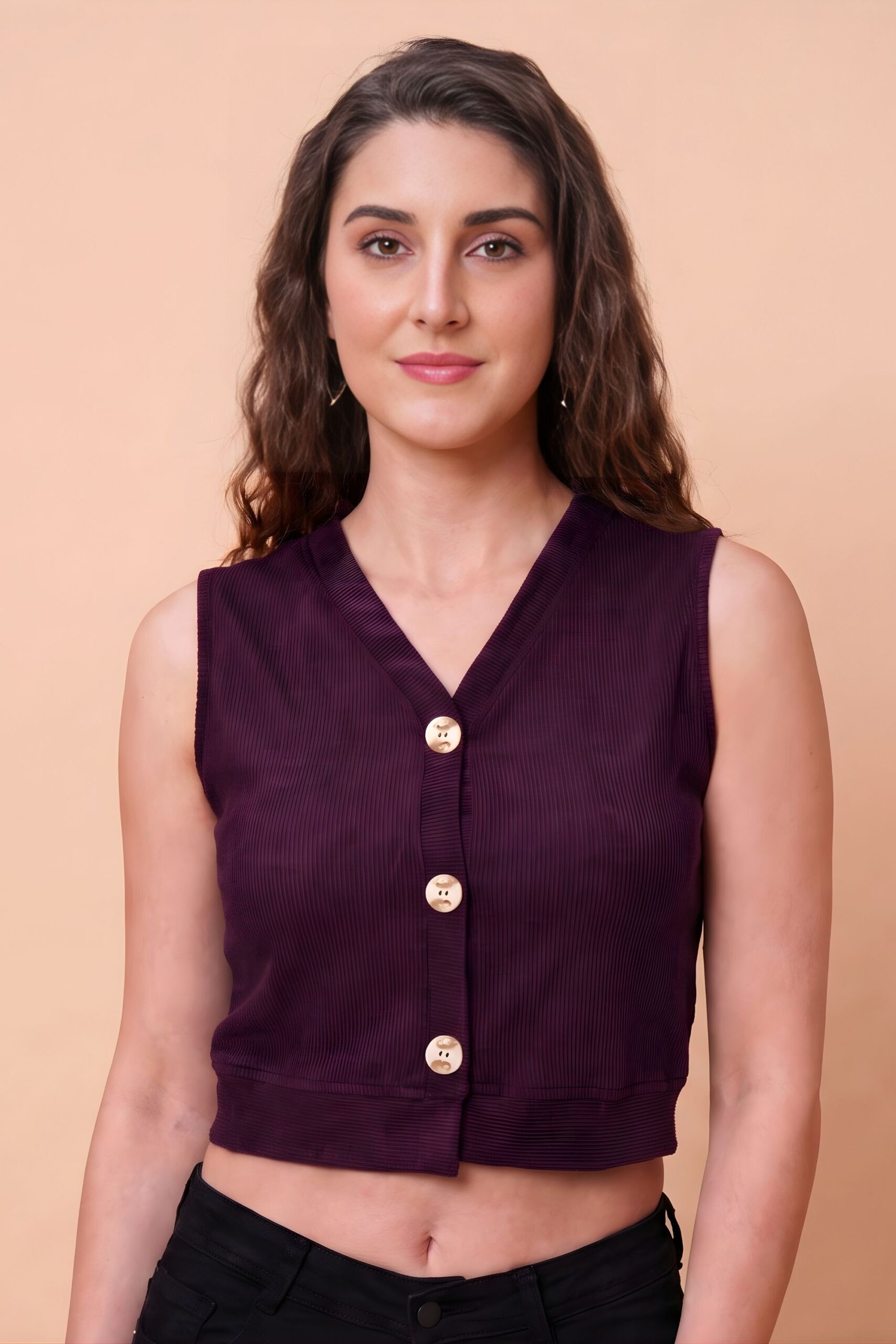 ZELZIS Women's Purple Polyester Ribbed V-Neck Crop Top