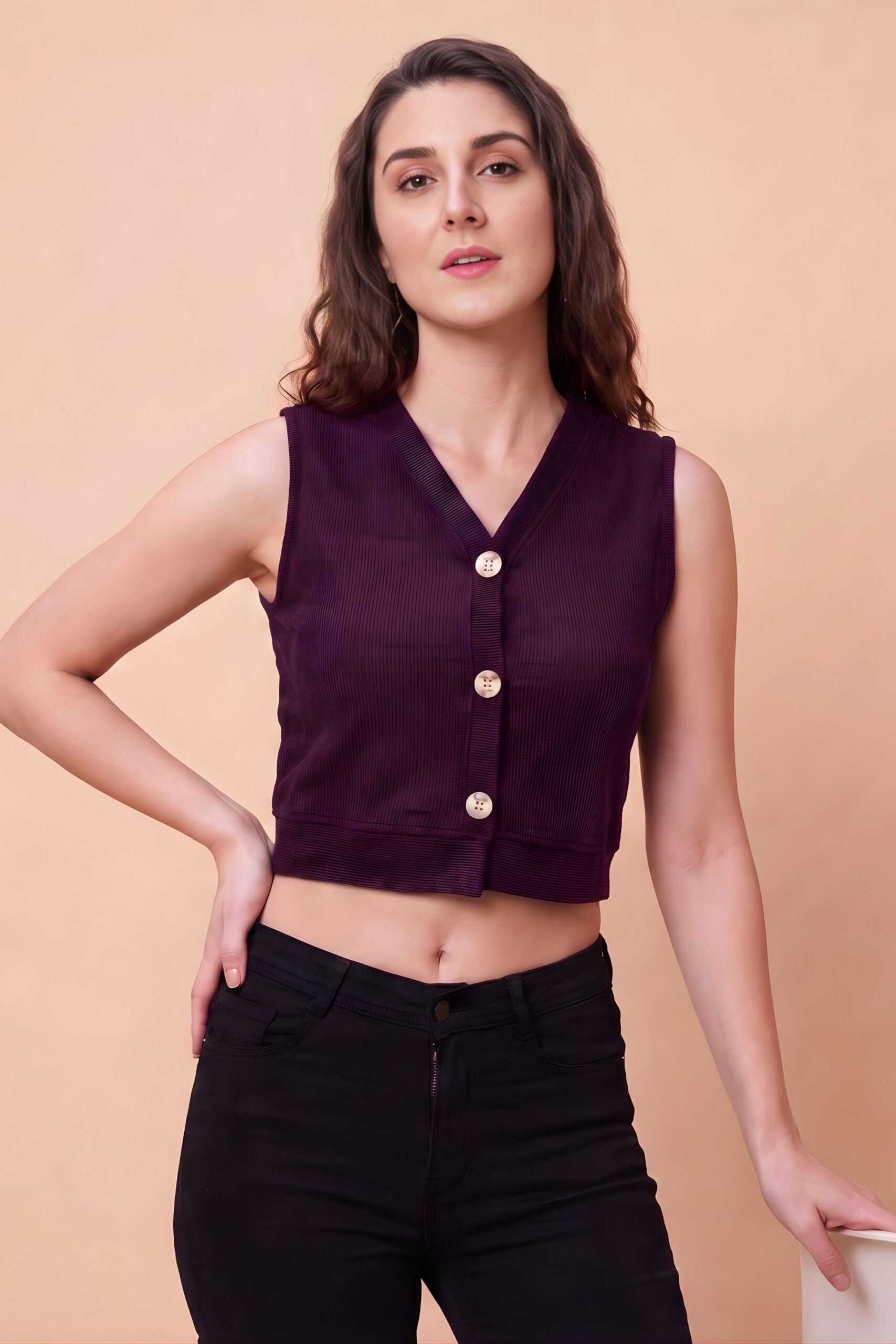 ZELZIS Women's Purple Polyester Ribbed V-Neck Crop Top