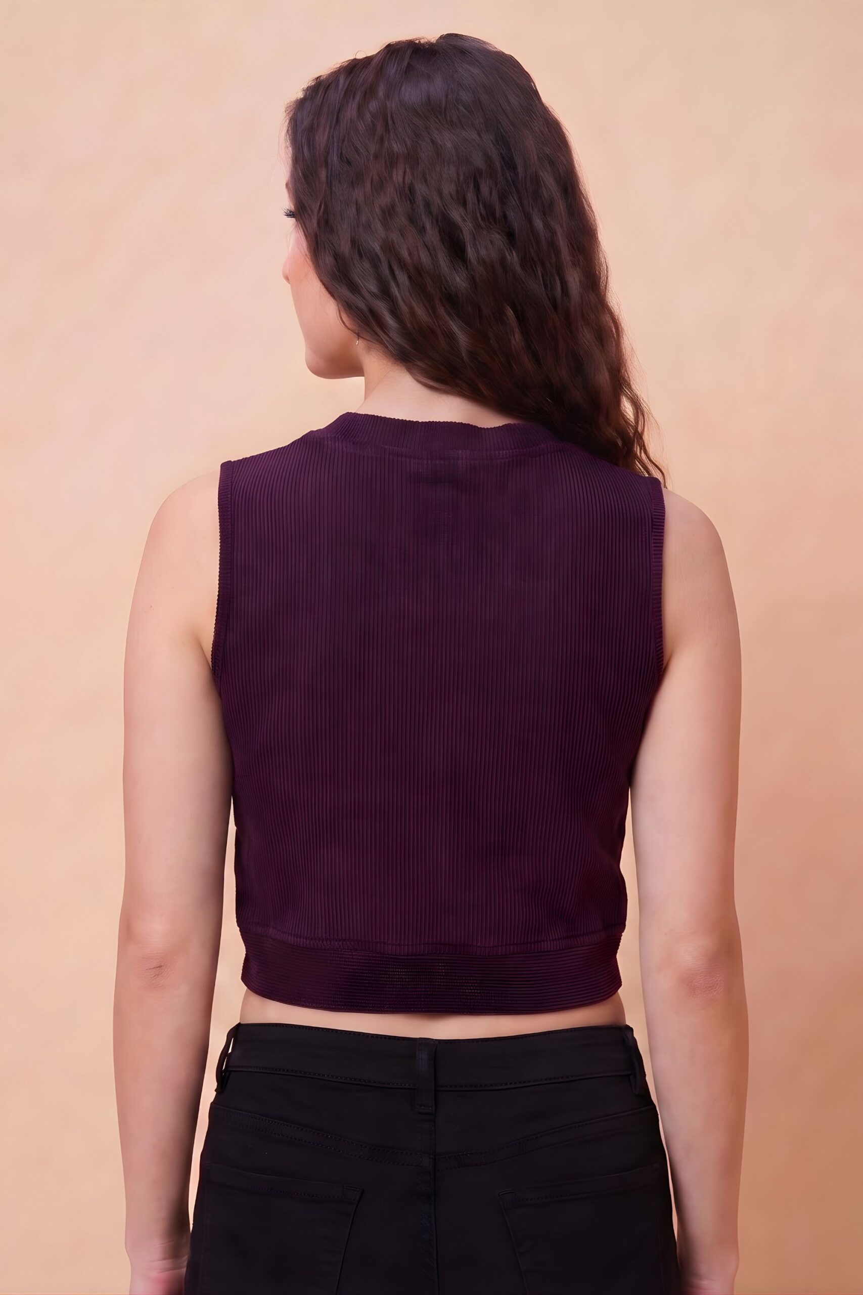 ZELZIS Women's Purple Polyester Ribbed V-Neck Crop Top