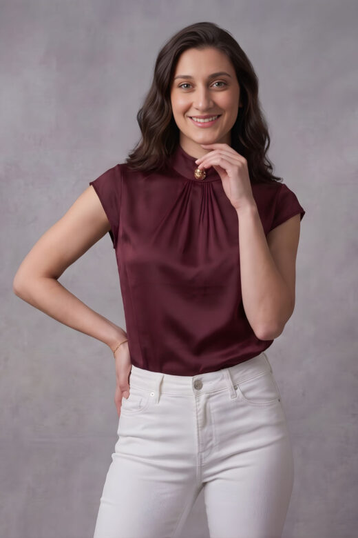 ZELZIS Women's Maroon Satin Cowl Neck Short Sleeve Top