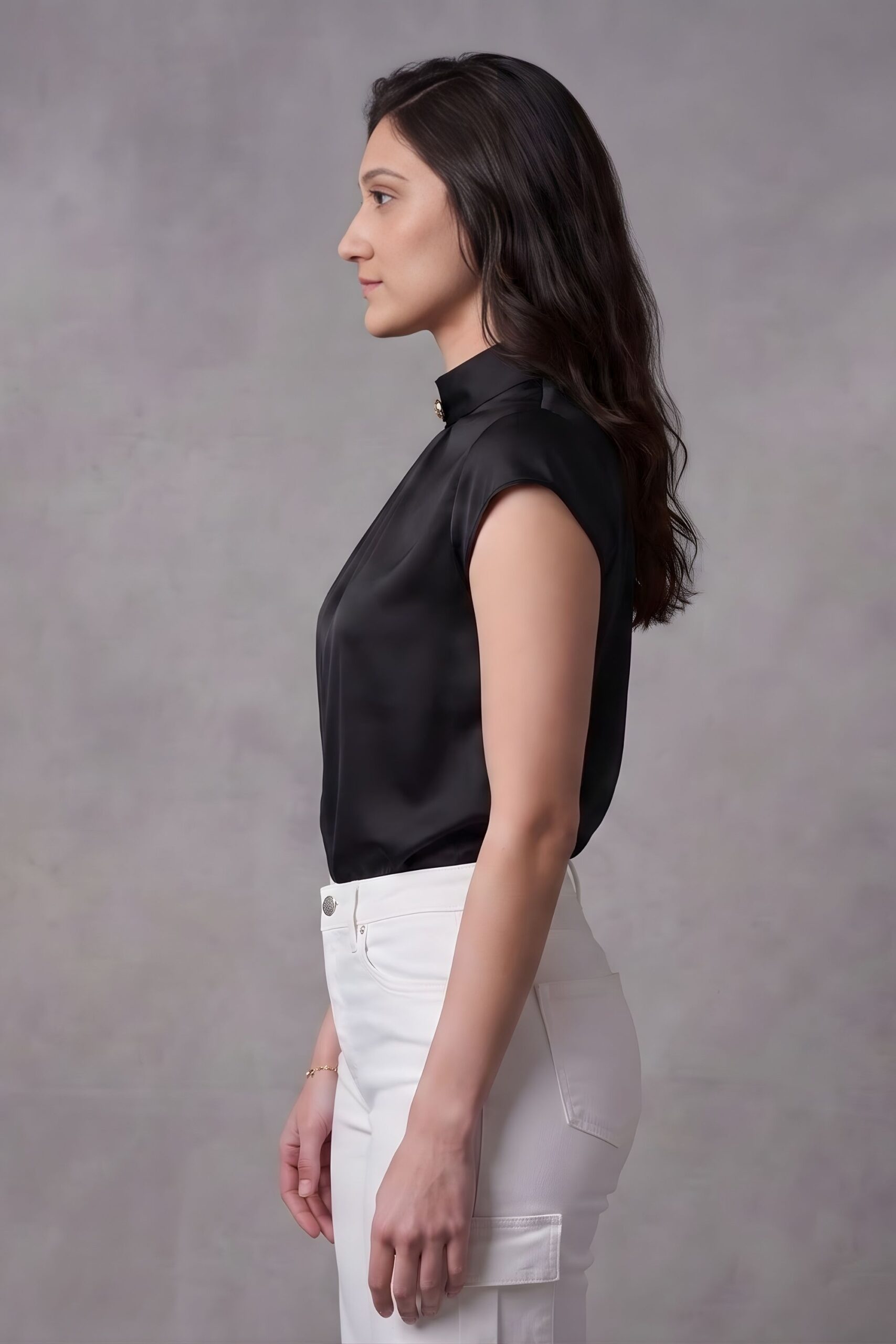ZELZIS Women's Black Satin Cowl Neck Short Sleeve Top