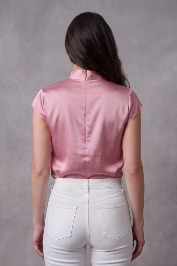 ZELZIS Women's Pink Satin Cowl Neck Short Sleeve Top