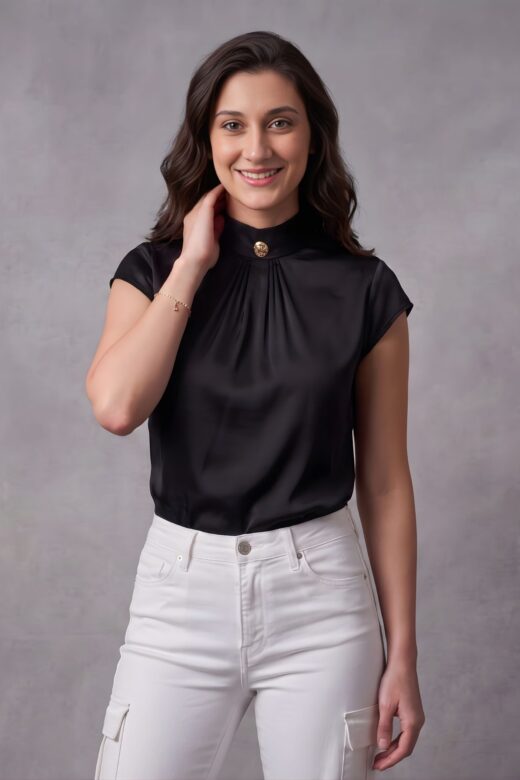 ZELZIS Women's Black Satin Cowl Neck Short Sleeve Top