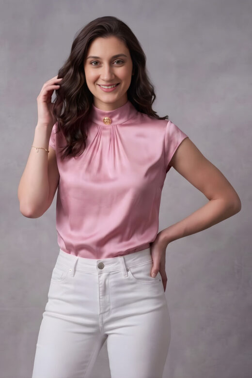 ZELZIS Women's Pink Satin Cowl Neck Short Sleeve Top