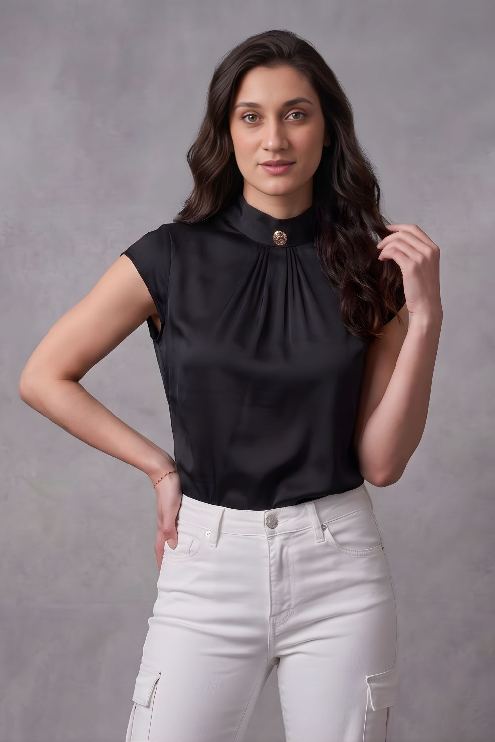 ZELZIS Women's Black Satin Cowl Neck Short Sleeve Top